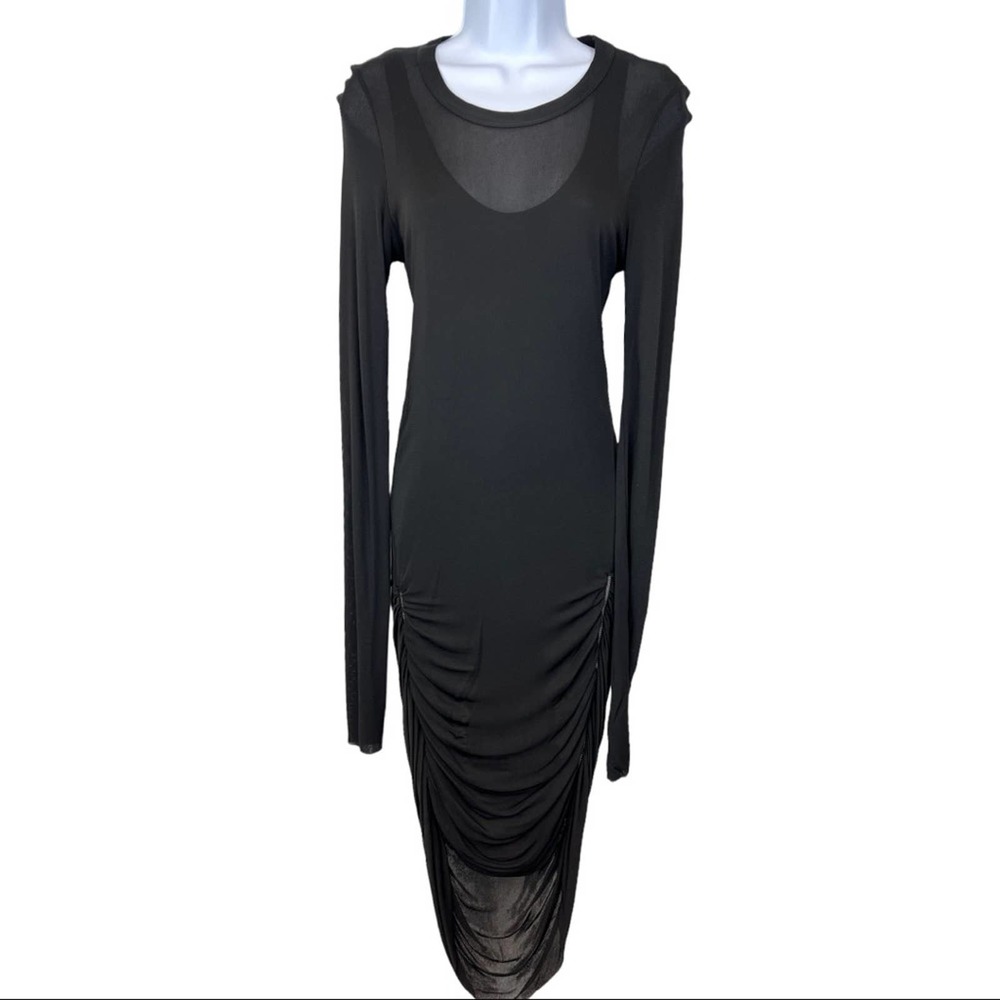 a.l.c black stretch long-sleeved ruched mesh midi dress with zippers, size L
